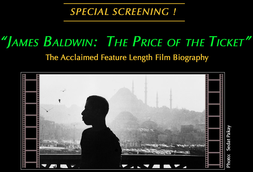 James Baldwin Outloud title with pictures of James Baldwin, Frank Leon Roberts and Karen Thorsen